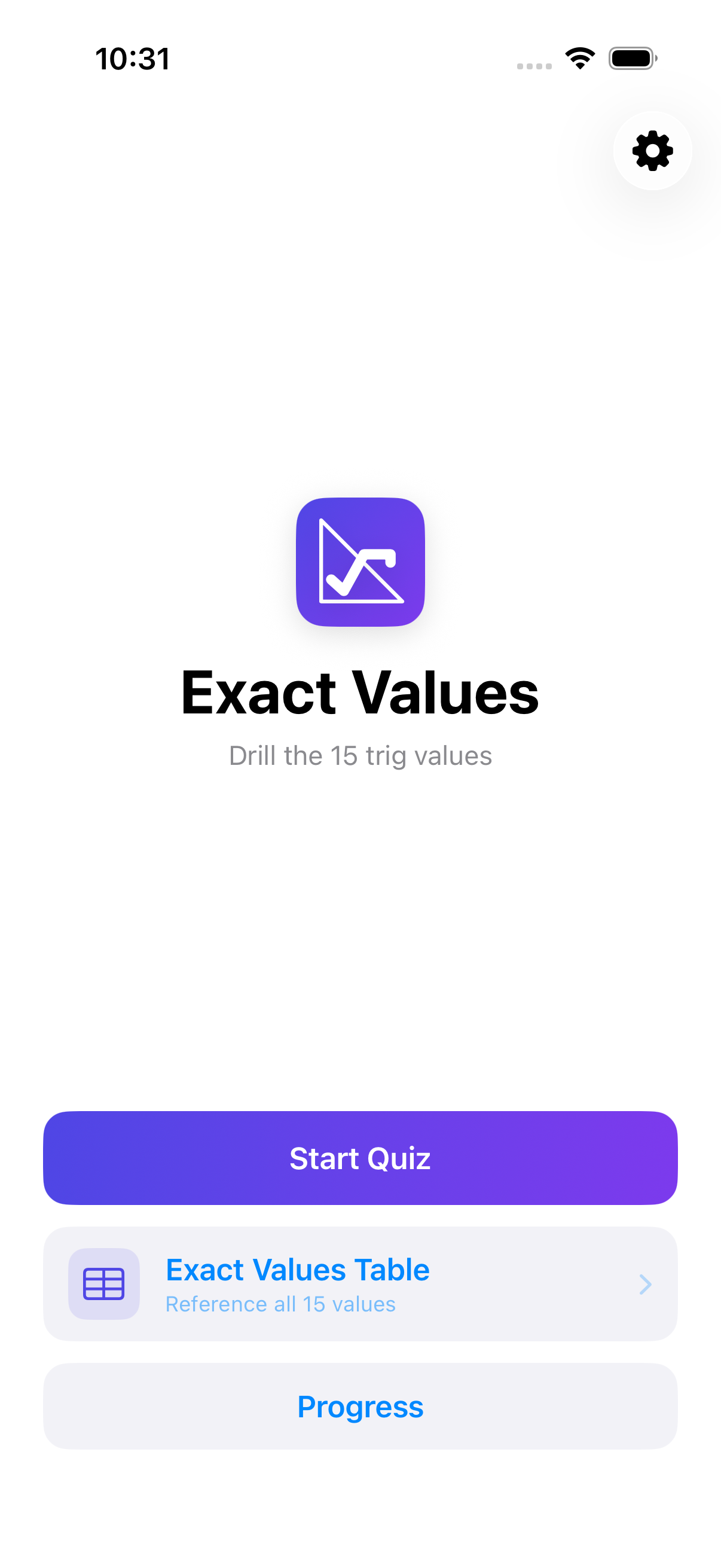 Exact Values iOS — home screen with Start Quiz button