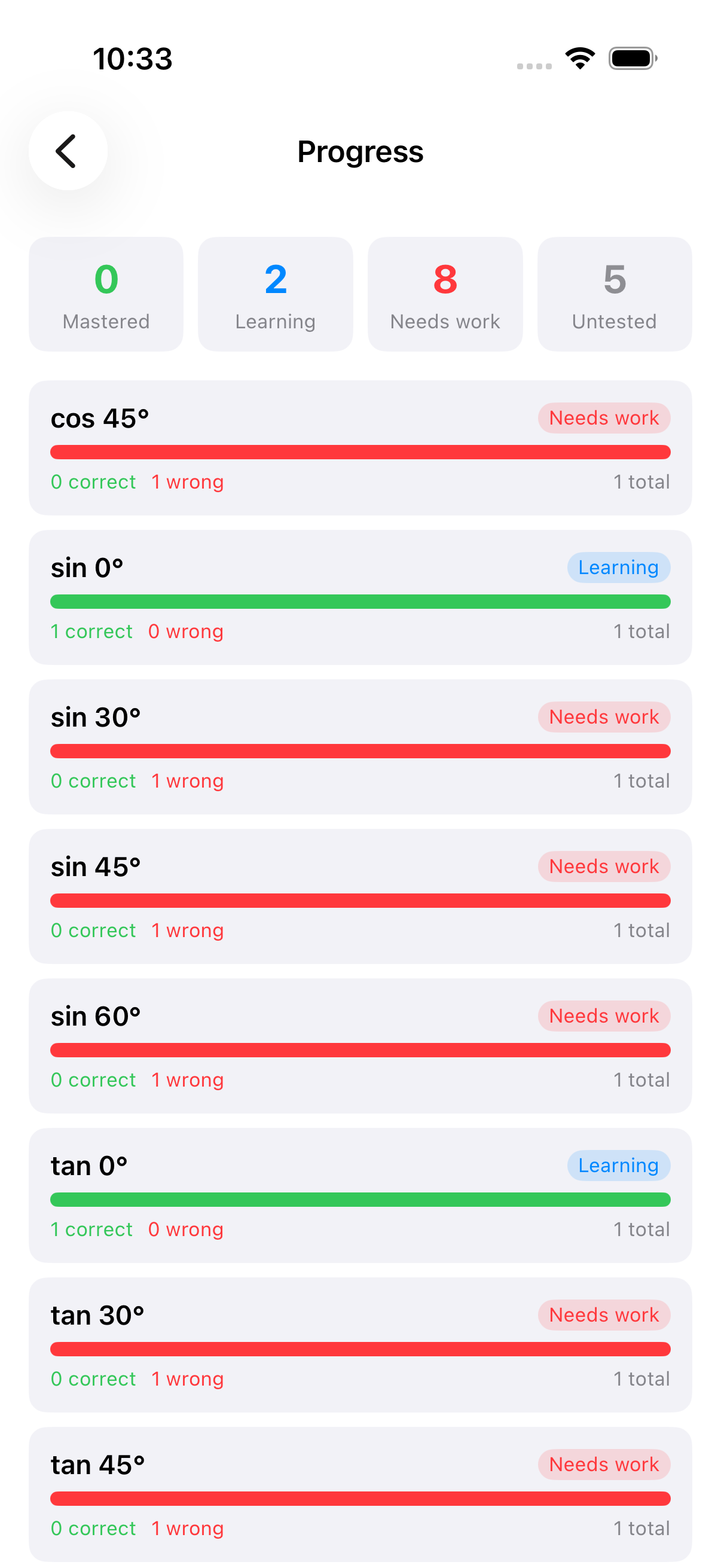 Exact Values iOS — per-question mastery with stacked accuracy bars