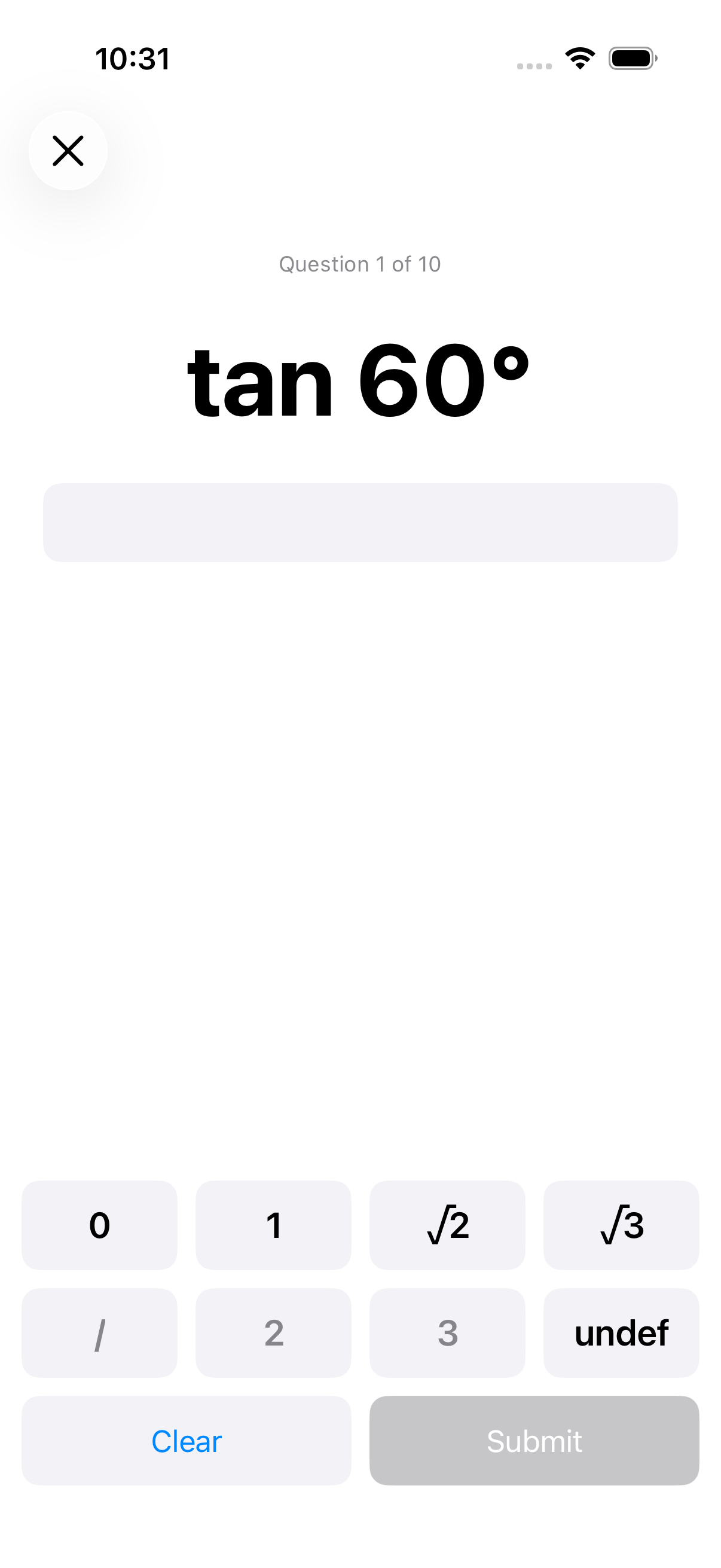 Exact Values iOS — quiz prompt with custom math keyboard